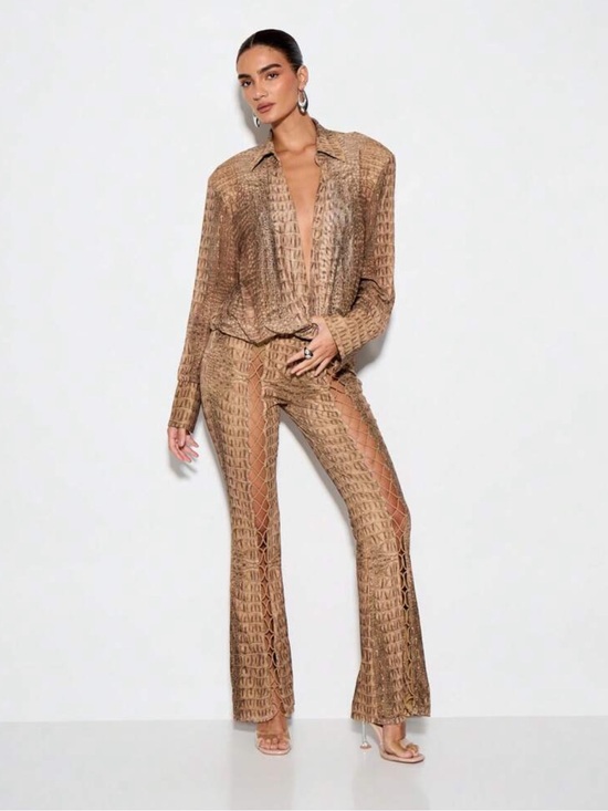 kzn Pants - Wide Leg Brown Textured Pants & Matching Top Set